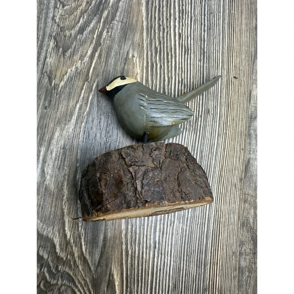 Hand Carved Wooden Chickadee Bird On A Log